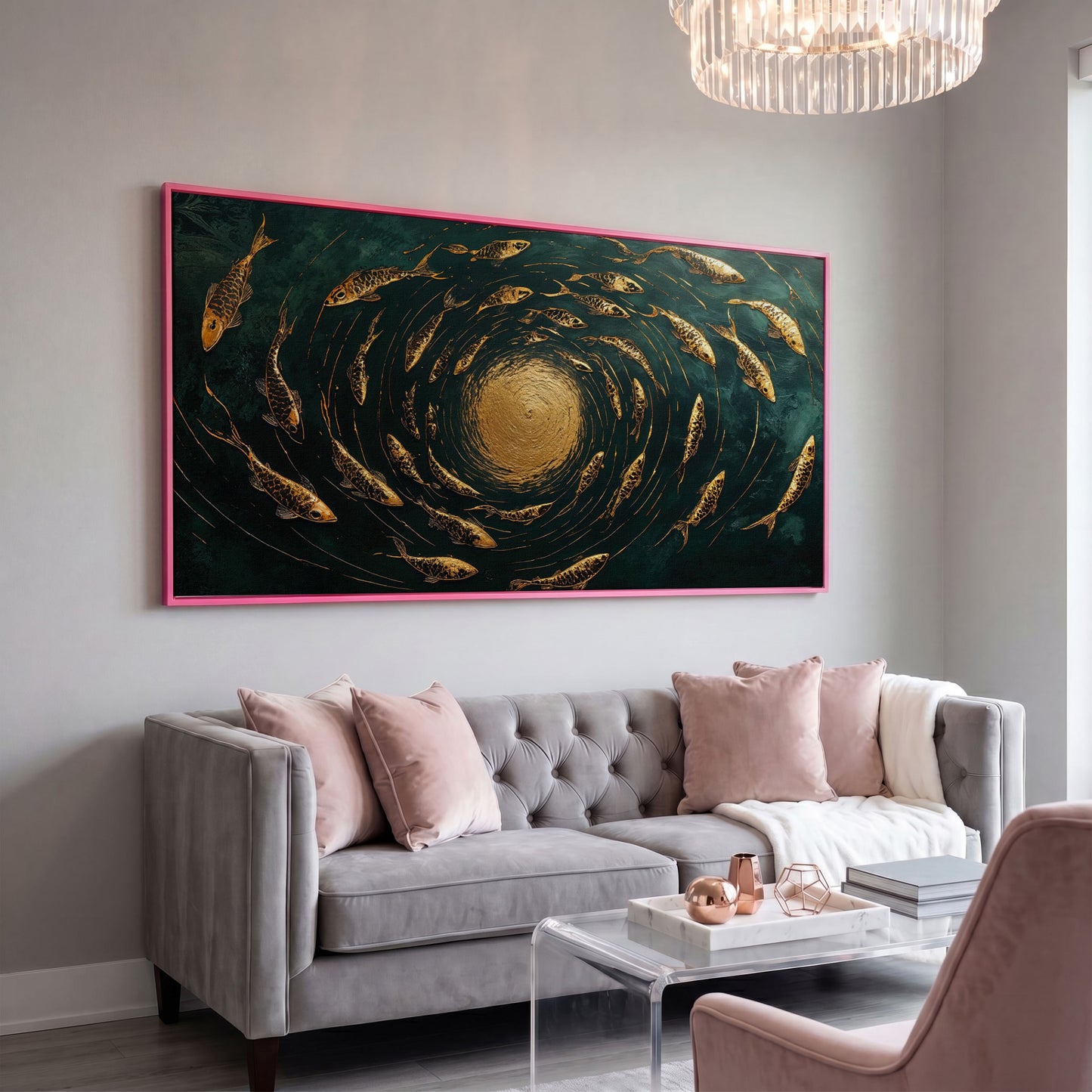 Koi Fishes Underwater Canvas Art in pink floating frame