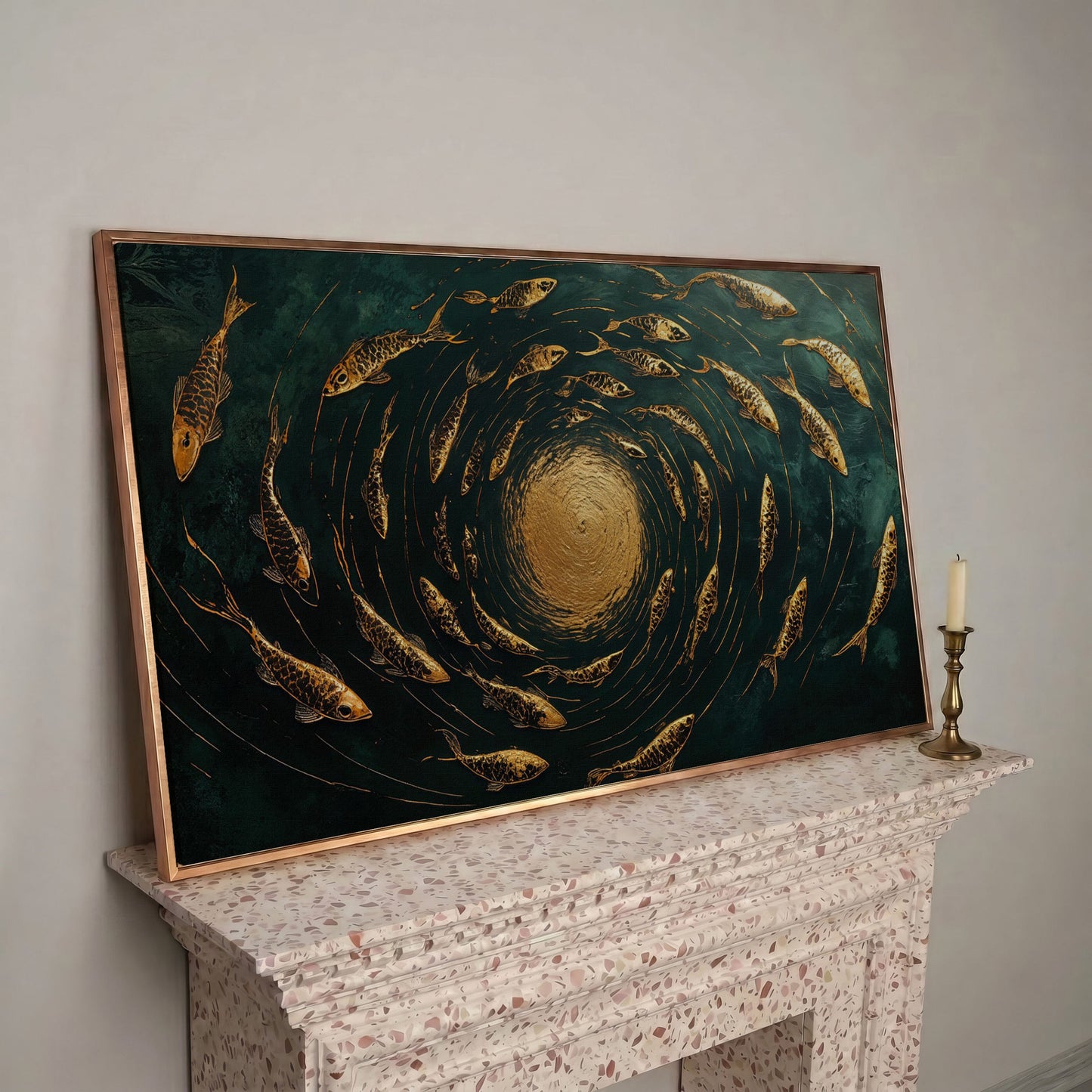 Koi Fishes Underwater Canvas Art in rose gold floating frame