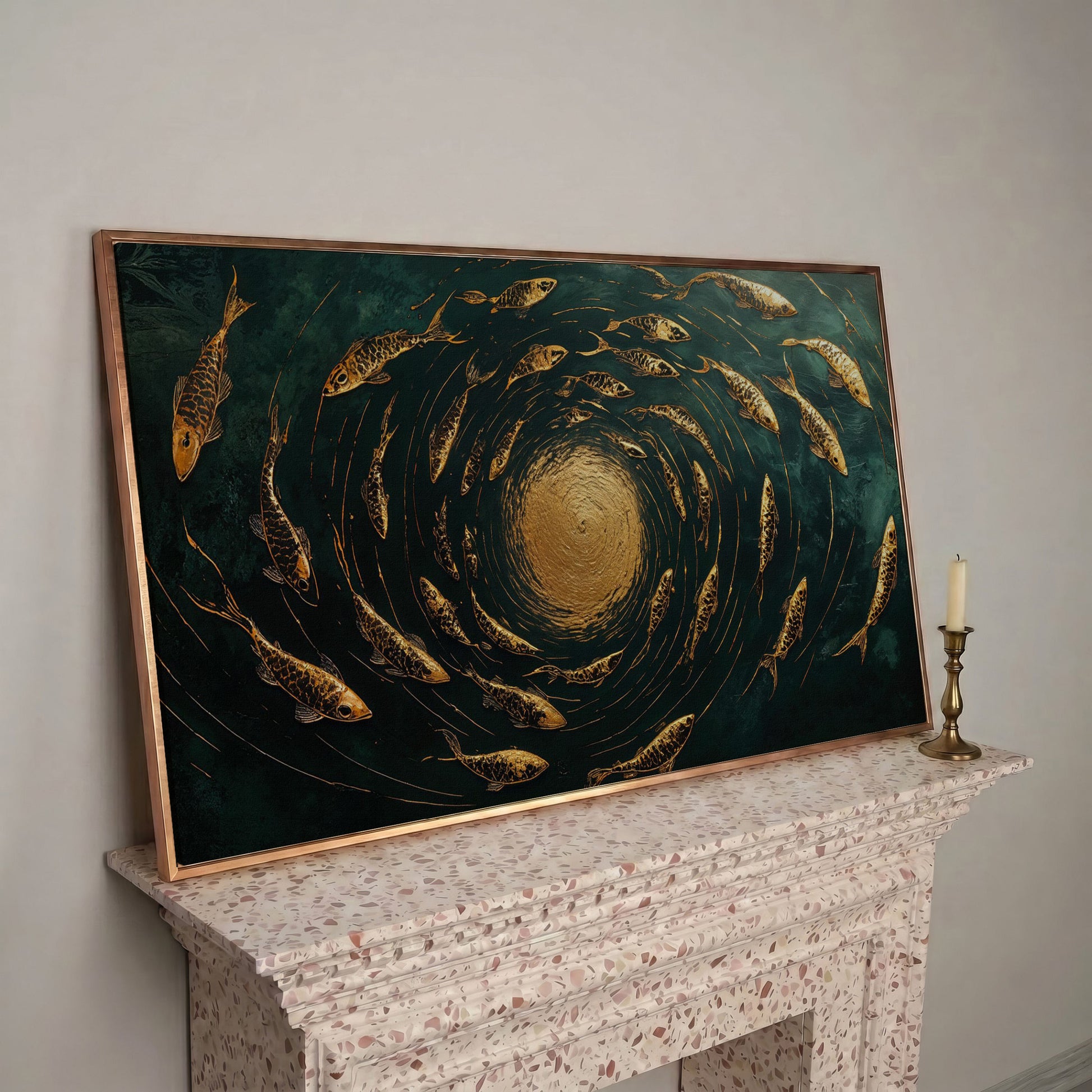 Koi Fishes Underwater Canvas Art in rose gold floating frame