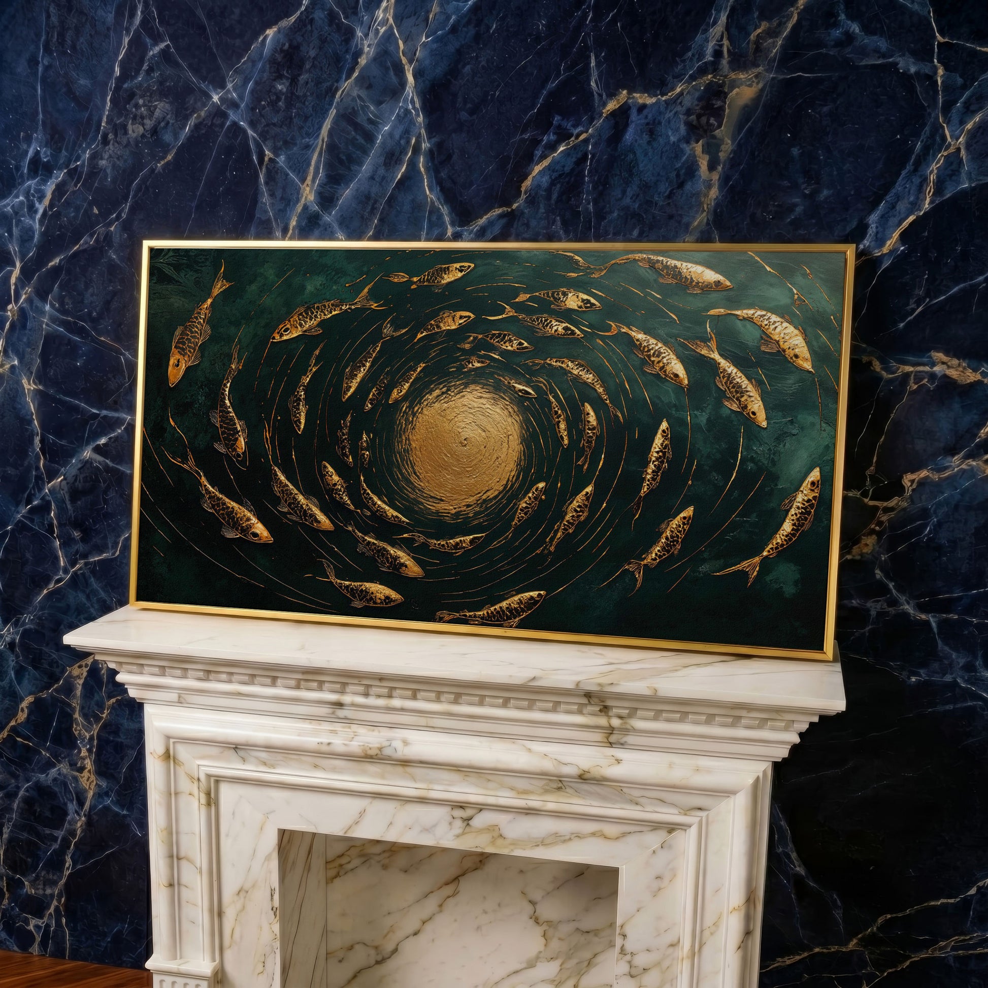 Koi Fishes Underwater Canvas Art in yellow gold floating frame