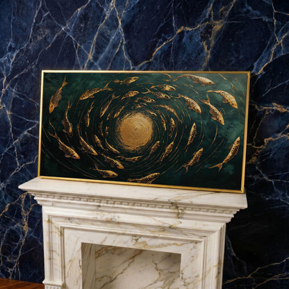 Koi Fishes Underwater Canvas Art in yellow gold floating frame