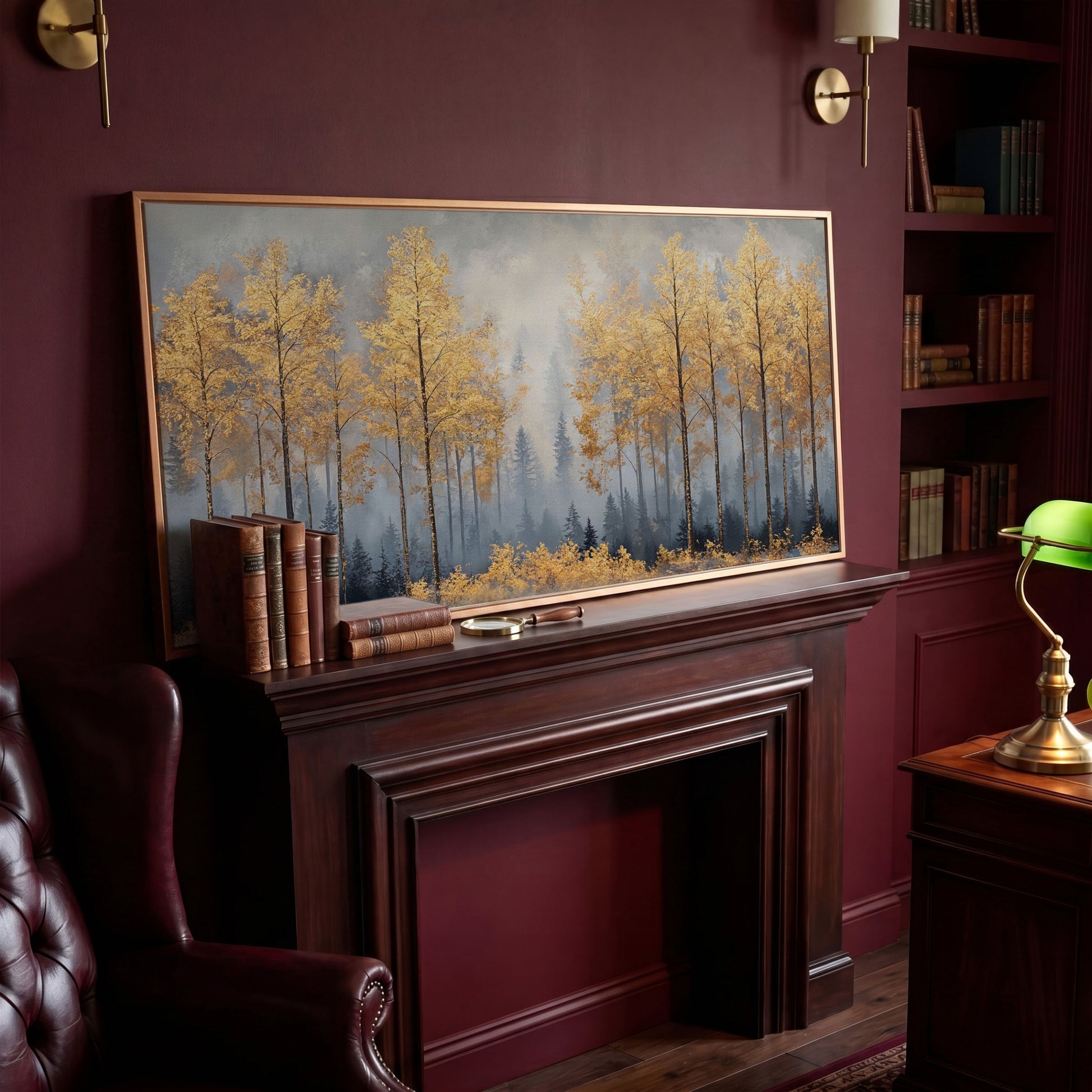 Golden Forest Canvas Print with Autumn Trees in antique gold floating frame