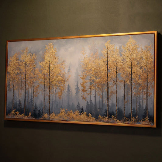 Golden Forest Canvas Print with Autumn Trees shown in antique gold floating frame