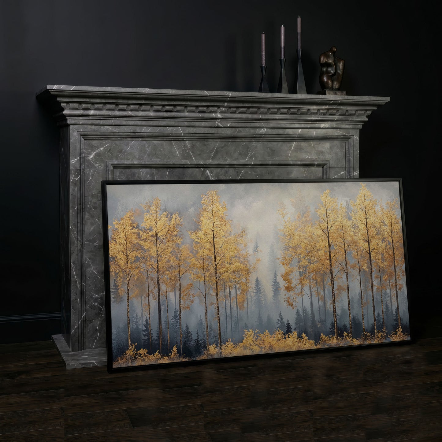 Golden Forest Canvas Print with Autumn Trees in black floating frame
