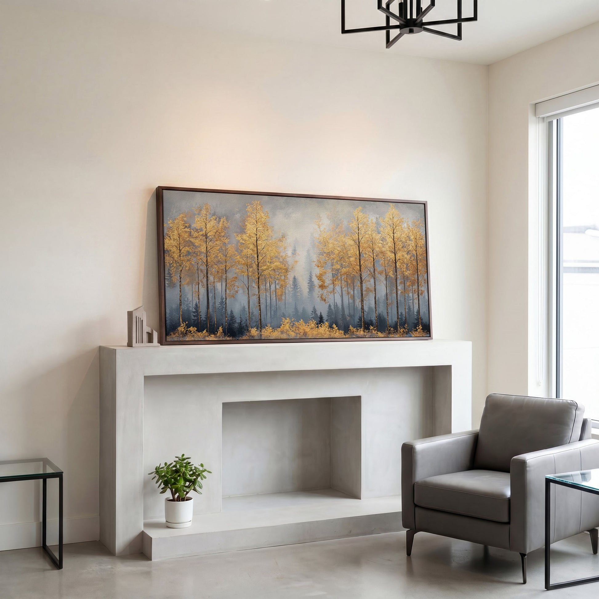 Golden Forest Canvas Print with Autumn Trees in dark walnut floating frame