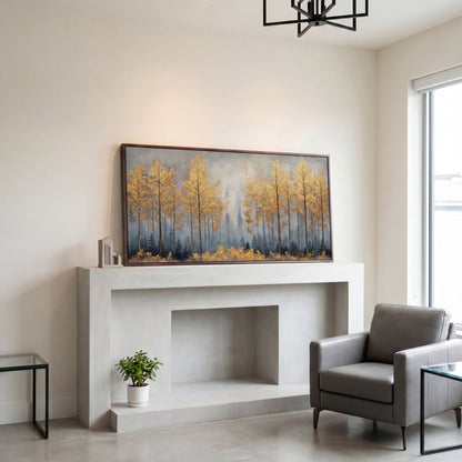 Golden Forest Canvas Print with Autumn Trees in dark walnut floating frame