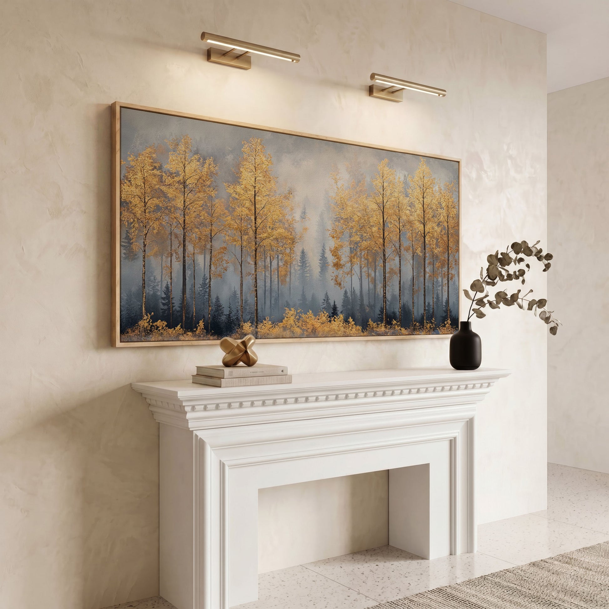 Golden Forest Canvas Print with Autumn Trees in white oak floating frame