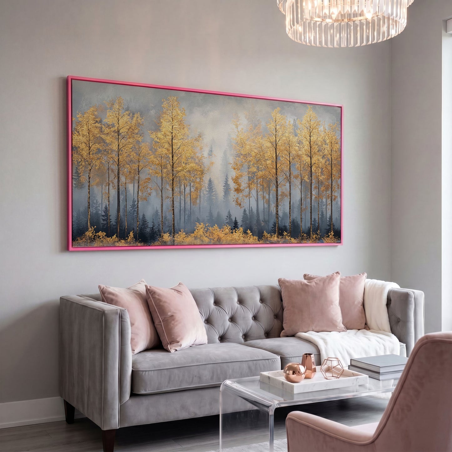 Golden Forest Canvas Print with Autumn Trees in pink floating frame