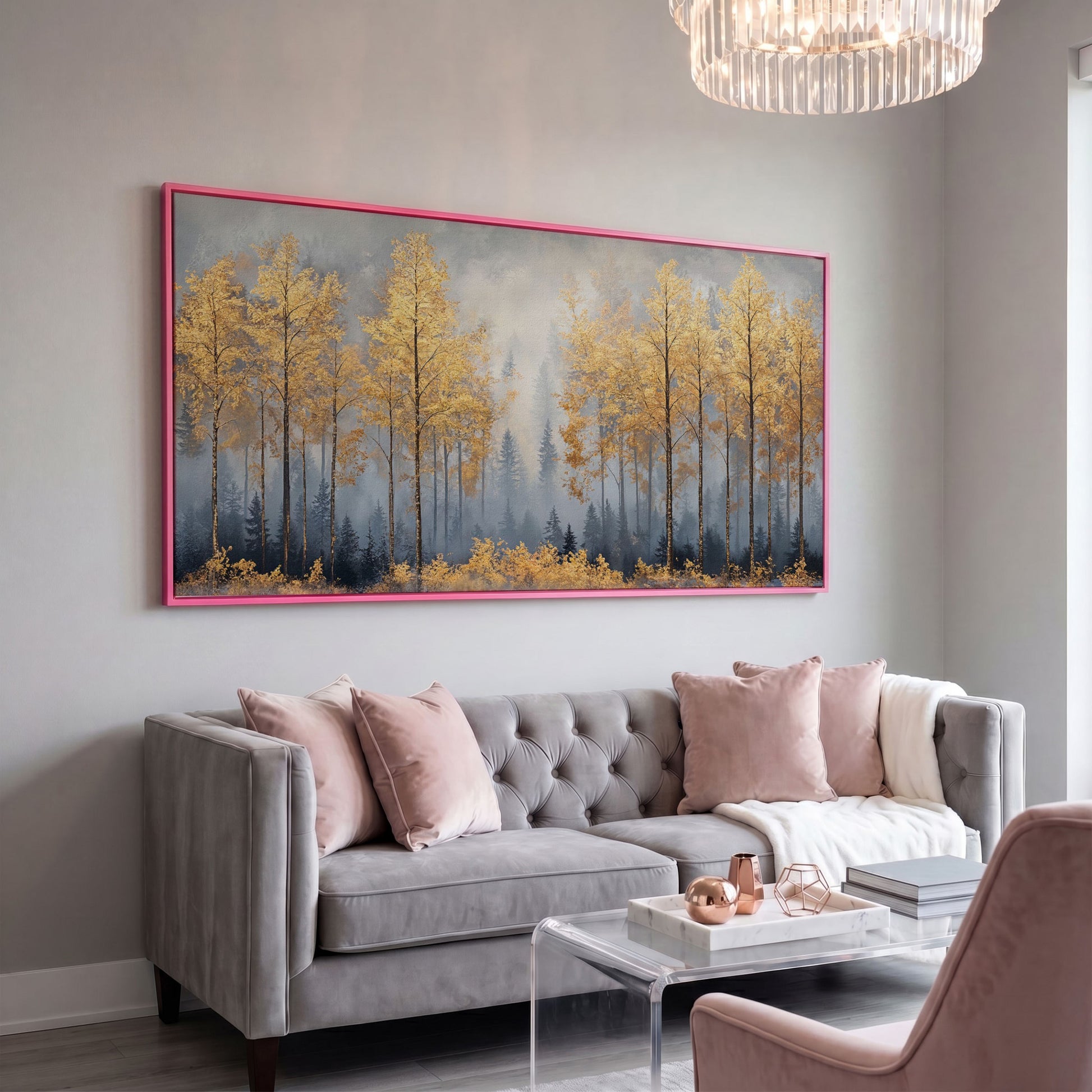 Golden Forest Canvas Print with Autumn Trees in pink floating frame