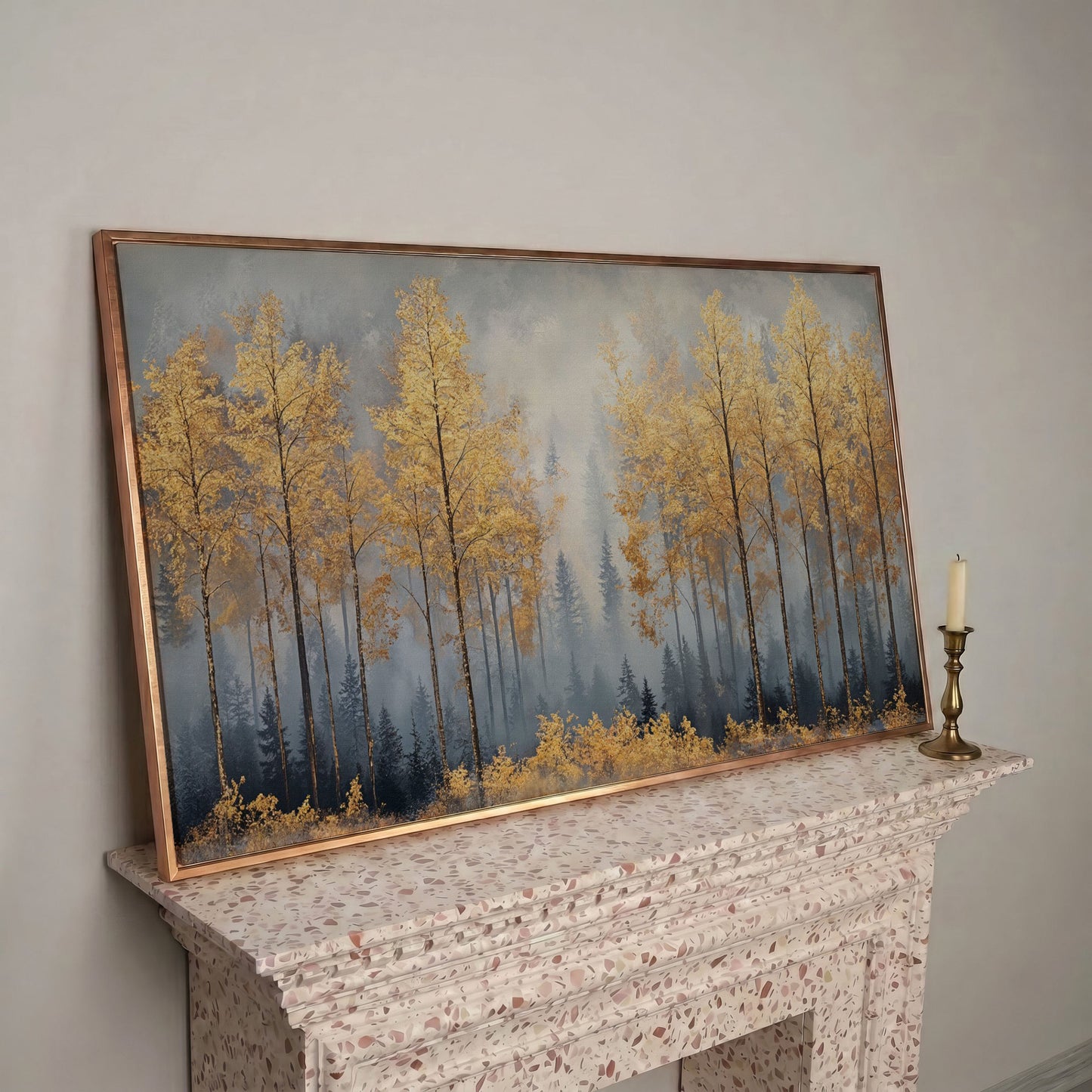 Golden Forest Canvas Print with Autumn Trees in rose gold floating frame