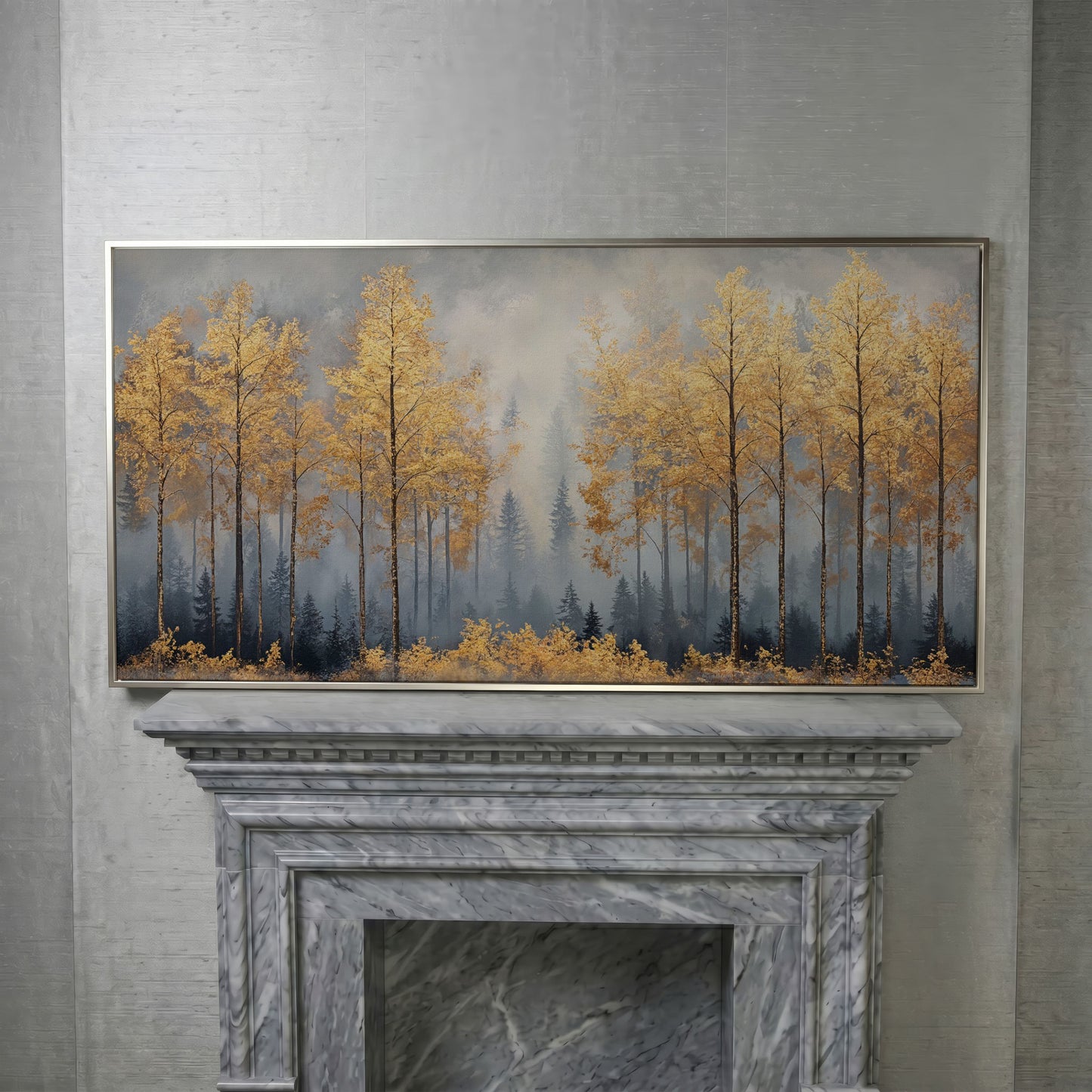 Golden Forest Canvas Print with Autumn Trees in silver floating frame