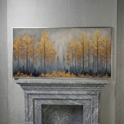 Golden Forest Canvas Print with Autumn Trees in silver floating frame