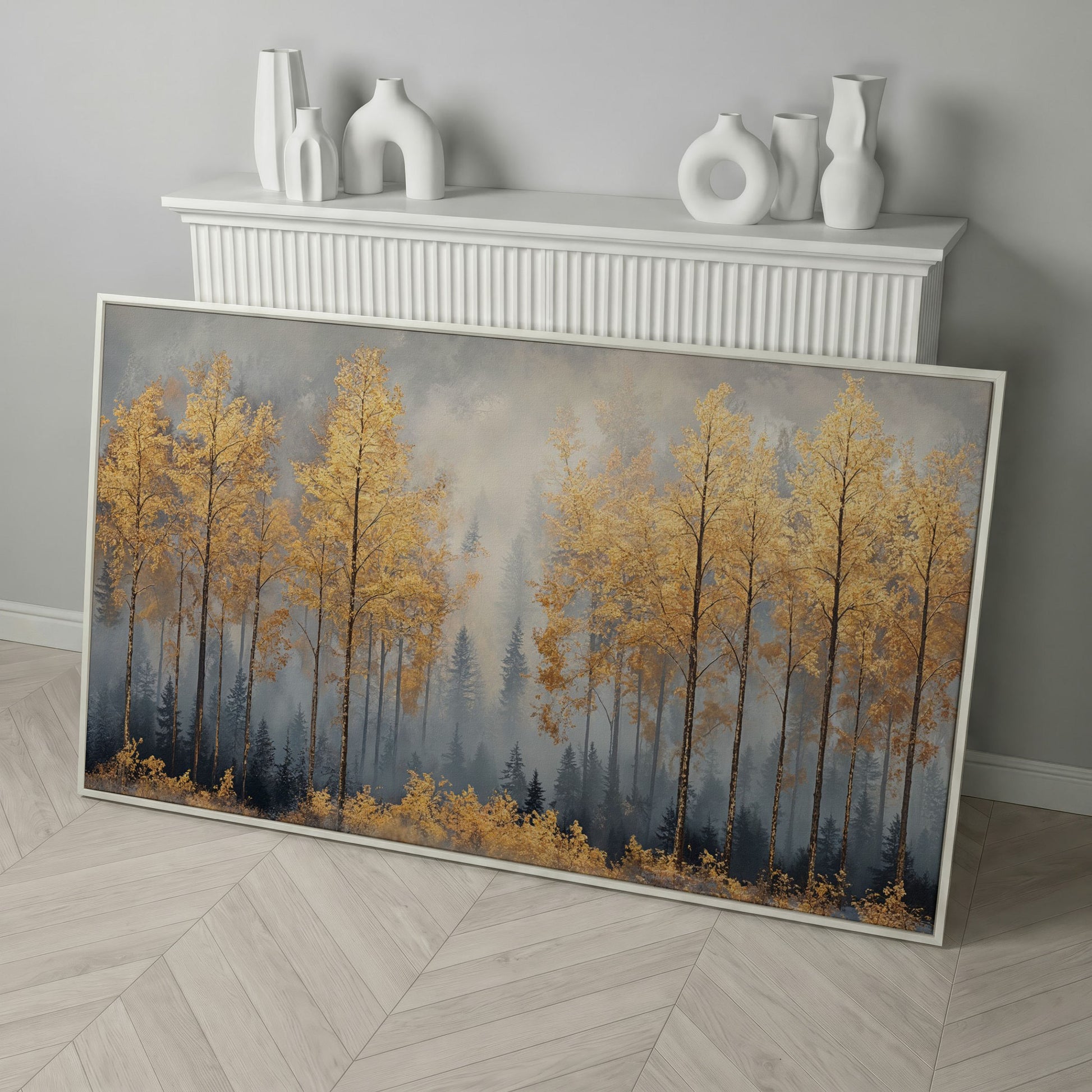 Golden Forest Canvas Print with Autumn Trees in white floating frame