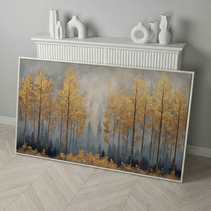 Golden Forest Canvas Print with Autumn Trees in white floating frame
