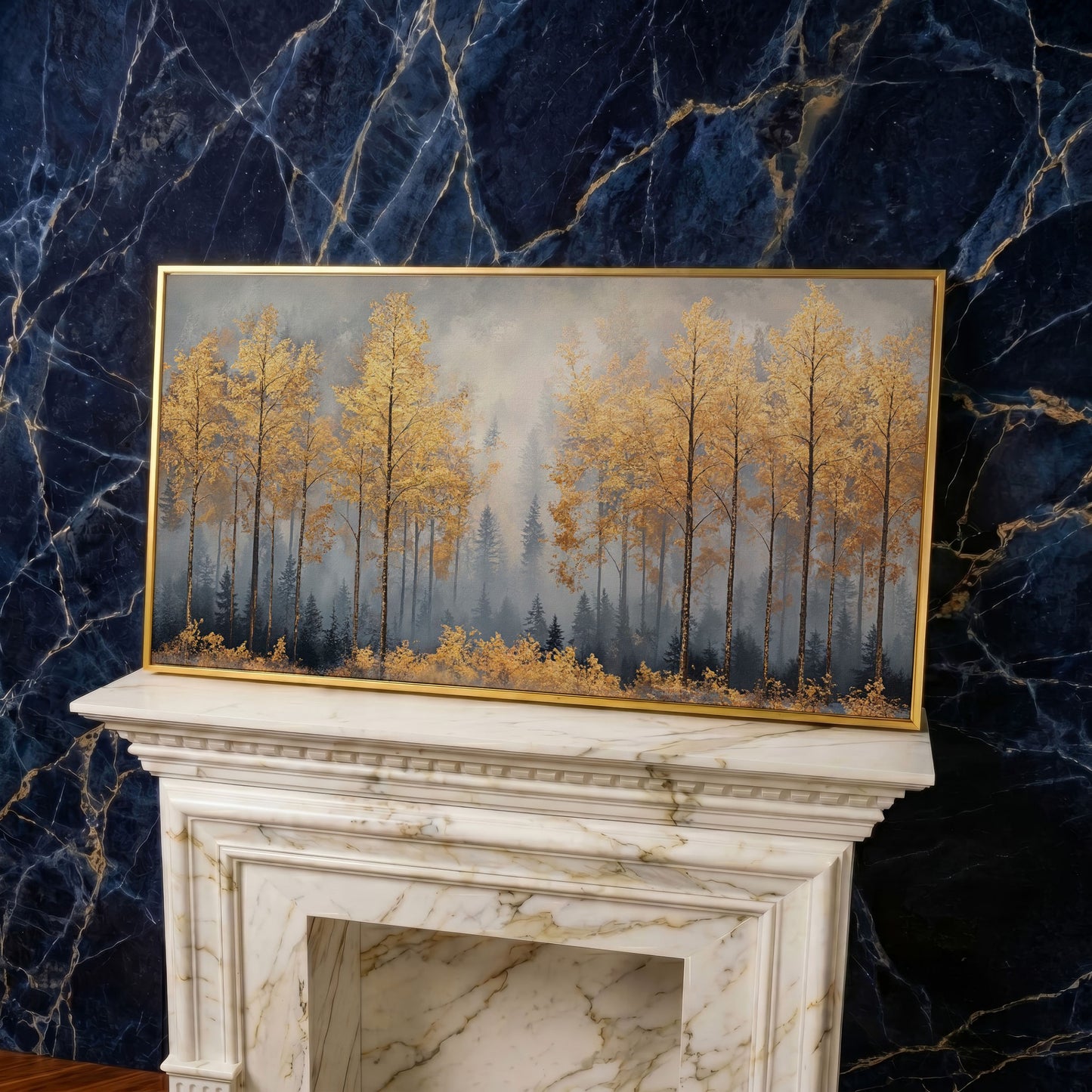 Golden Forest Canvas Print with Autumn Trees in yellow gold floating frame