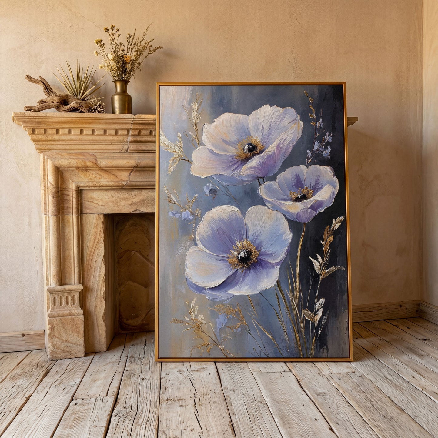 Delicate Flowers Canvas Print with Rustic Floral Art in antique gold floating frame