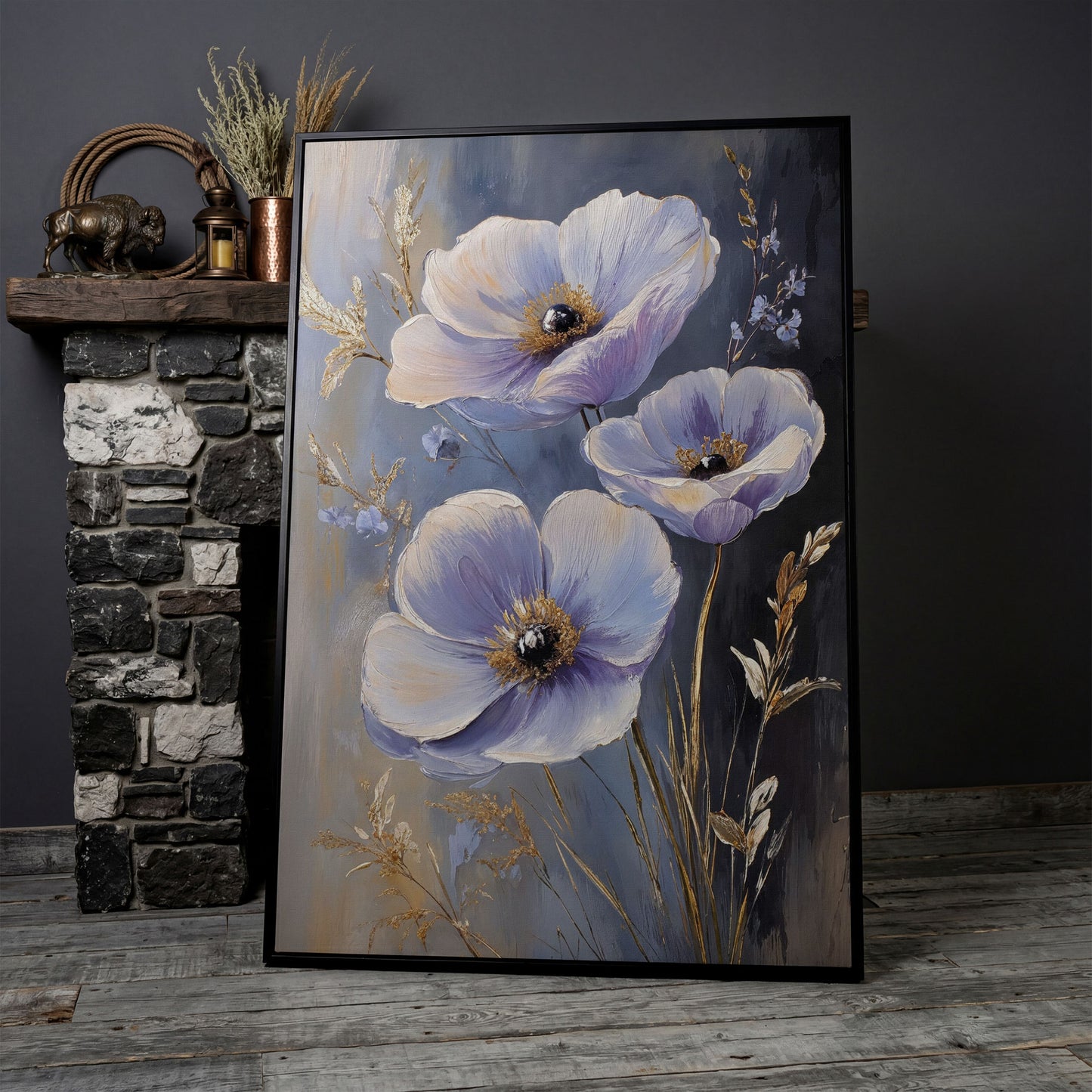 Delicate Flowers Canvas Print with Rustic Floral Art in black floating frame
