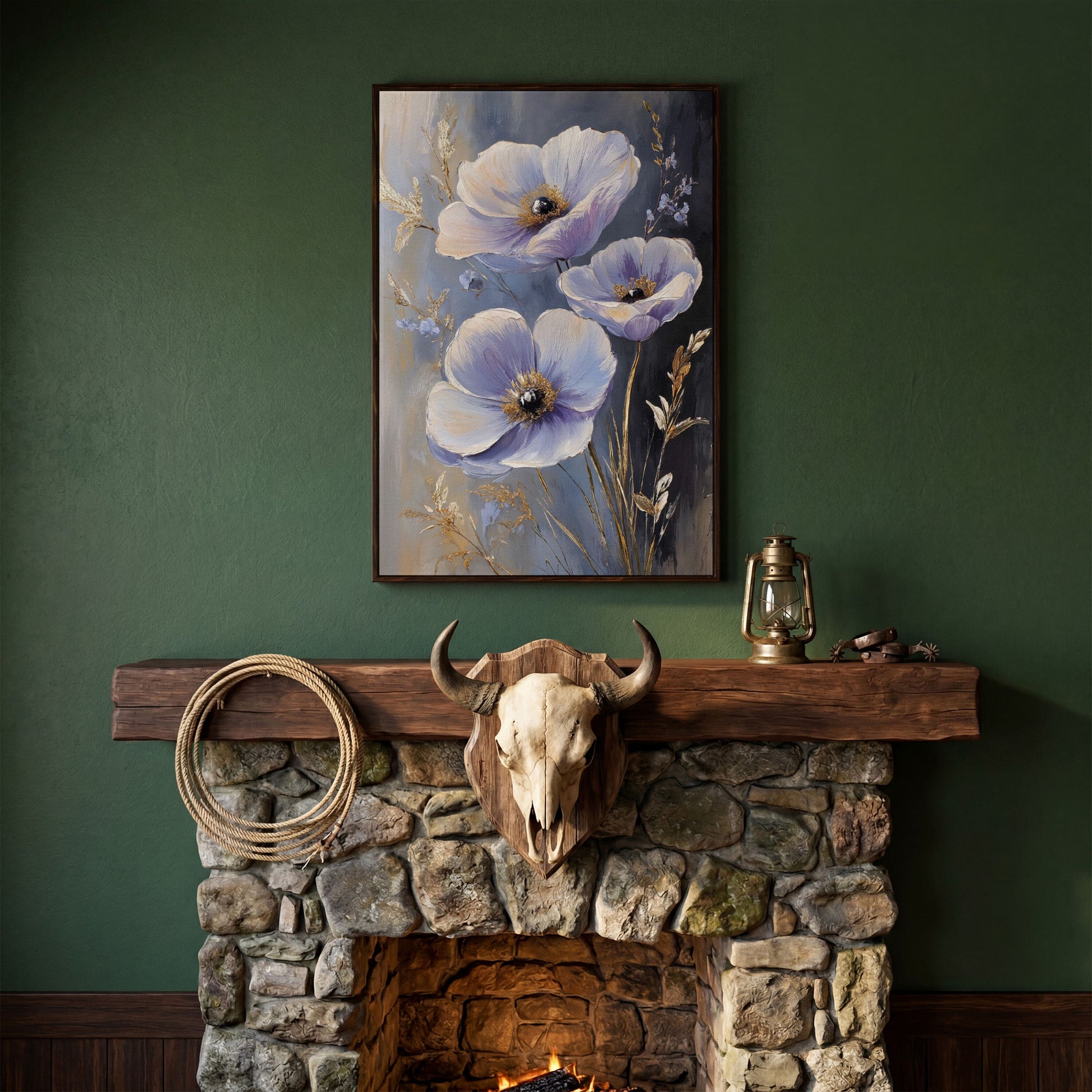 Delicate Flowers Canvas Print with Rustic Floral Art in dark walnut floating frame