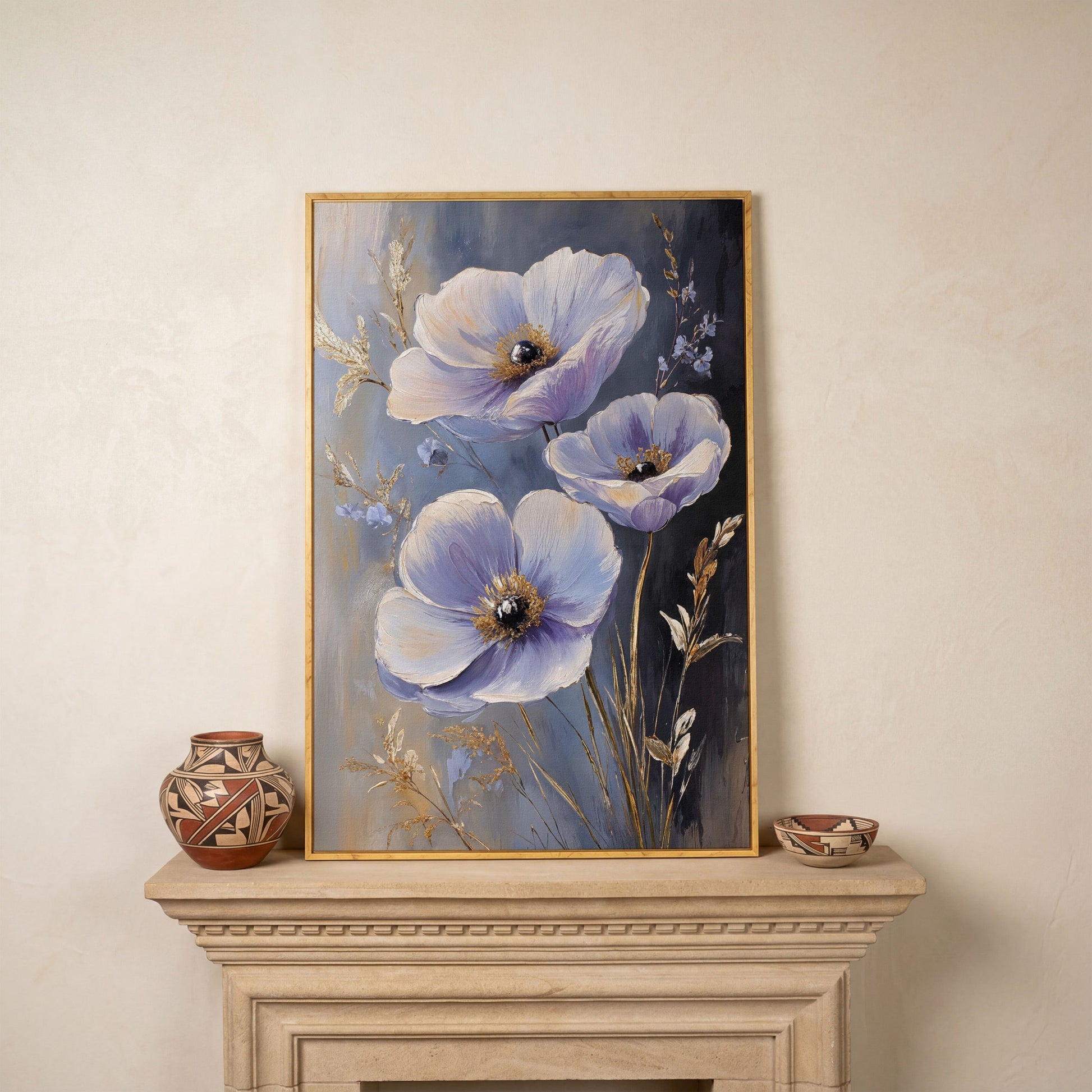 Delicate Flowers Canvas Print with Rustic Floral Art in white oak floating frame