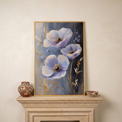 Delicate Flowers Canvas Print with Rustic Floral Art in white oak floating frame