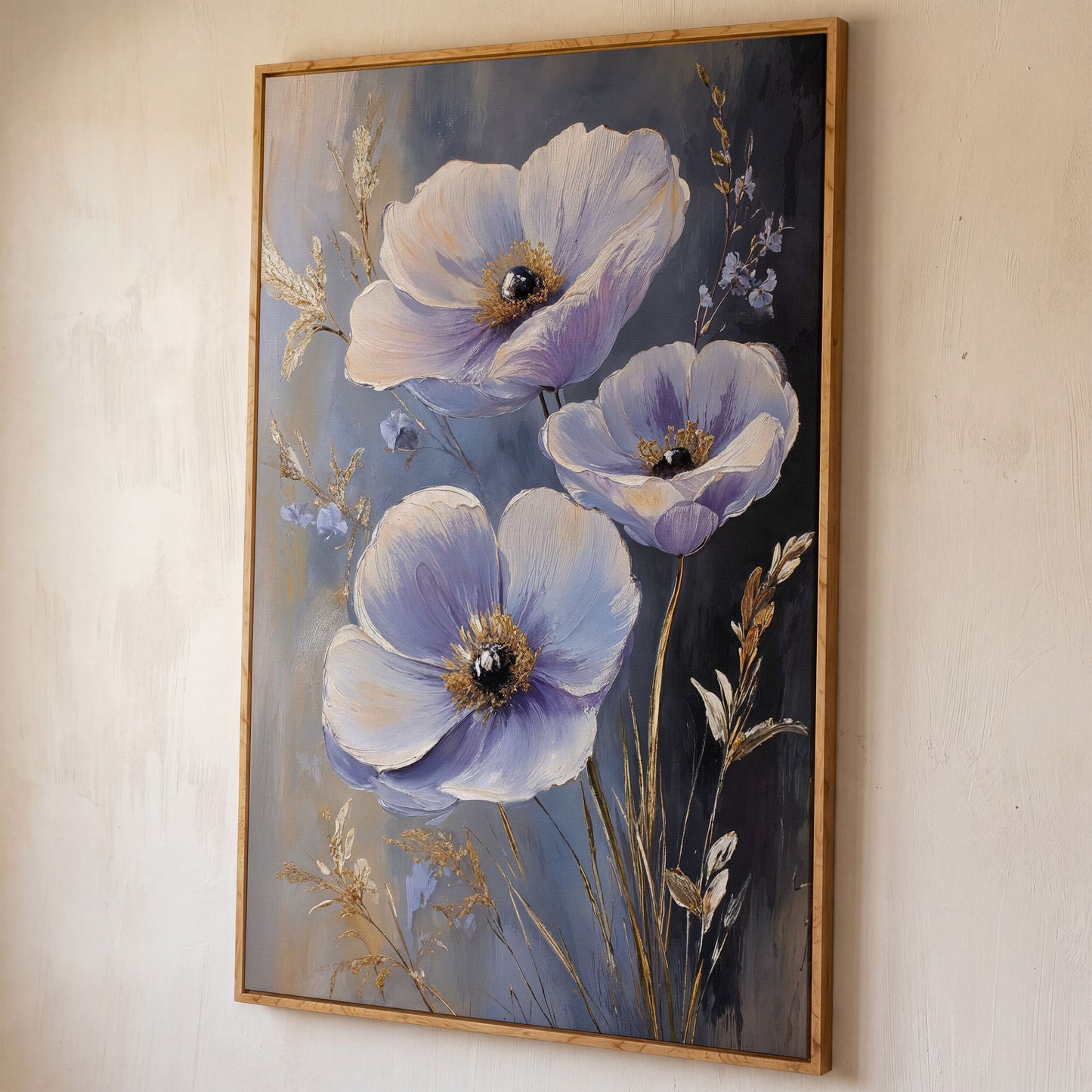 Delicate Flowers Canvas Print with Rustic Floral Art shown in white oak floating frame