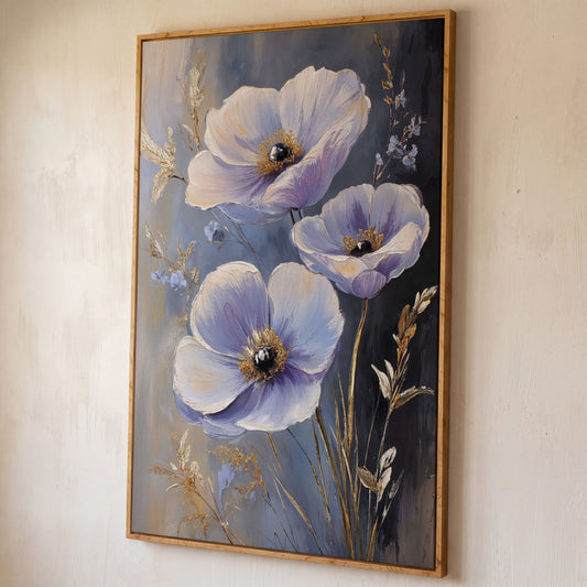 Delicate Flowers Canvas Print with Rustic Floral Art shown in white oak floating frame