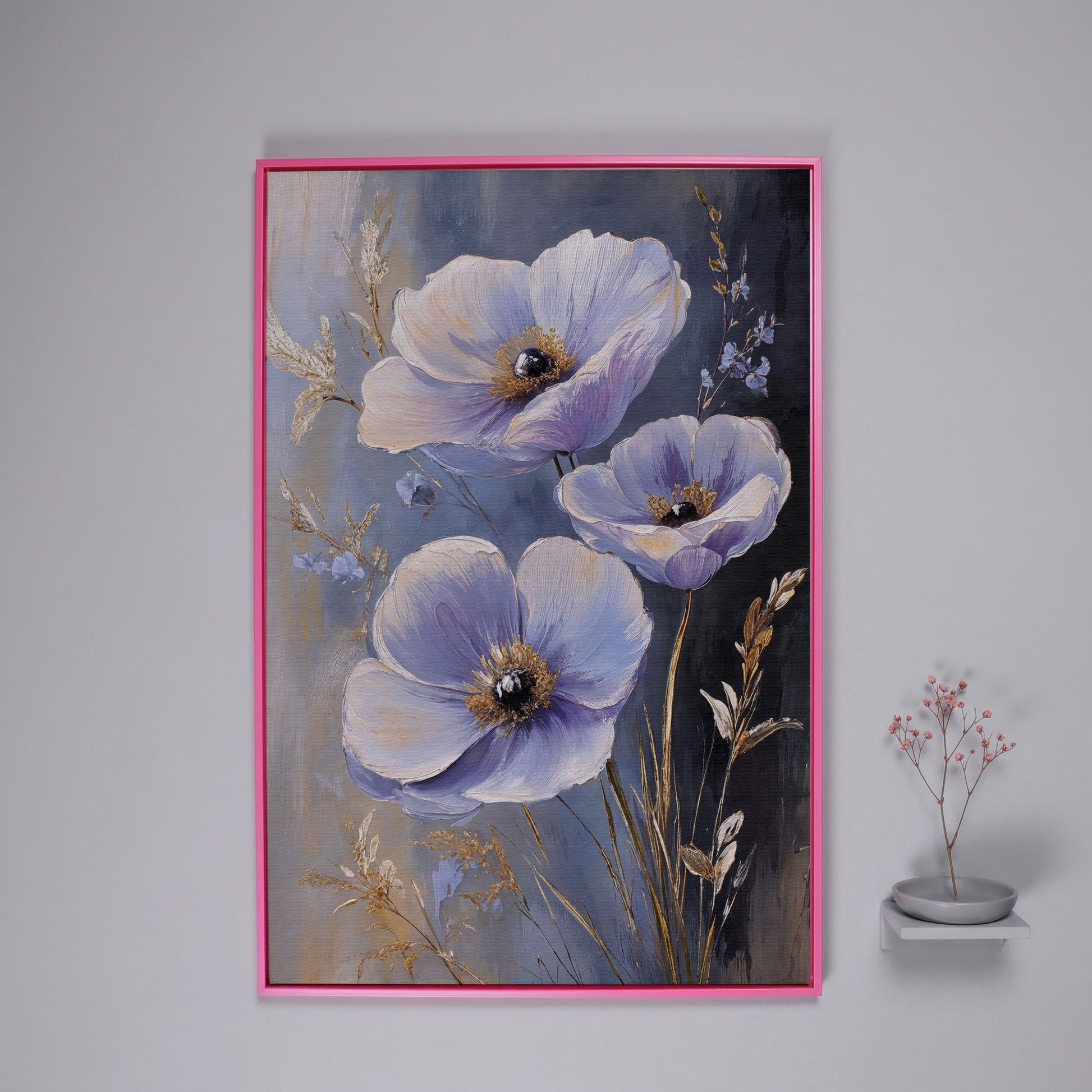 Delicate Flowers Canvas Print with Rustic Floral Art in pink floating frame