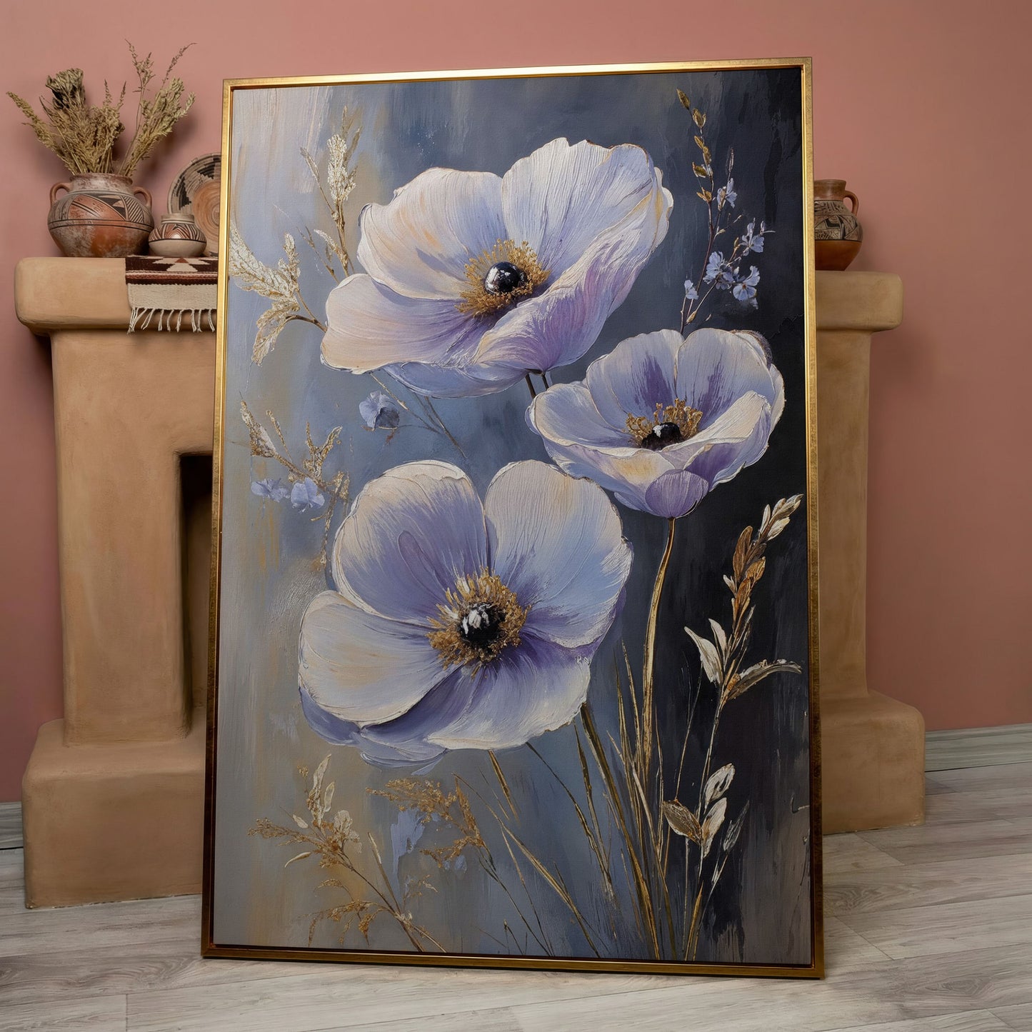 Delicate Flowers Canvas Print with Rustic Floral Art in rose gold floating frame
