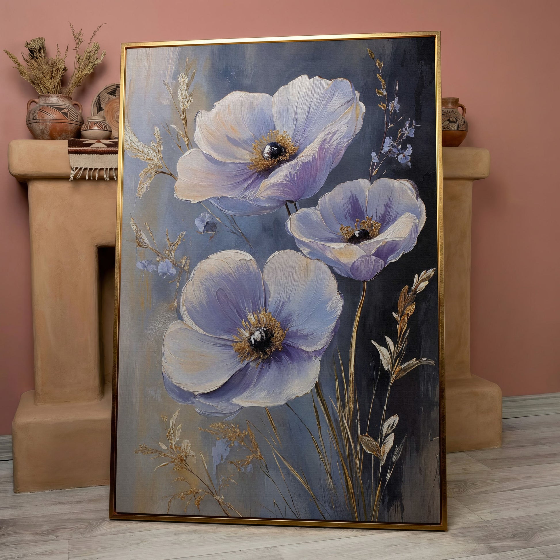 Delicate Flowers Canvas Print with Rustic Floral Art in rose gold floating frame