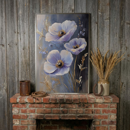 Delicate Flowers Canvas Print with Rustic Floral Art in silver floating frame