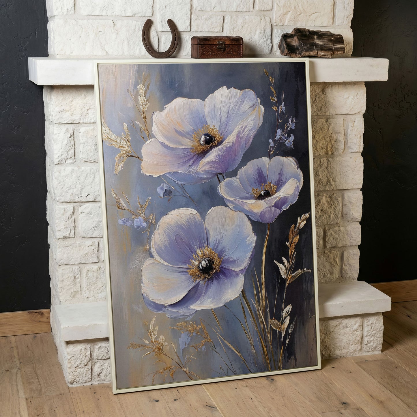 Delicate Flowers Canvas Print with Rustic Floral Art in white floating frame