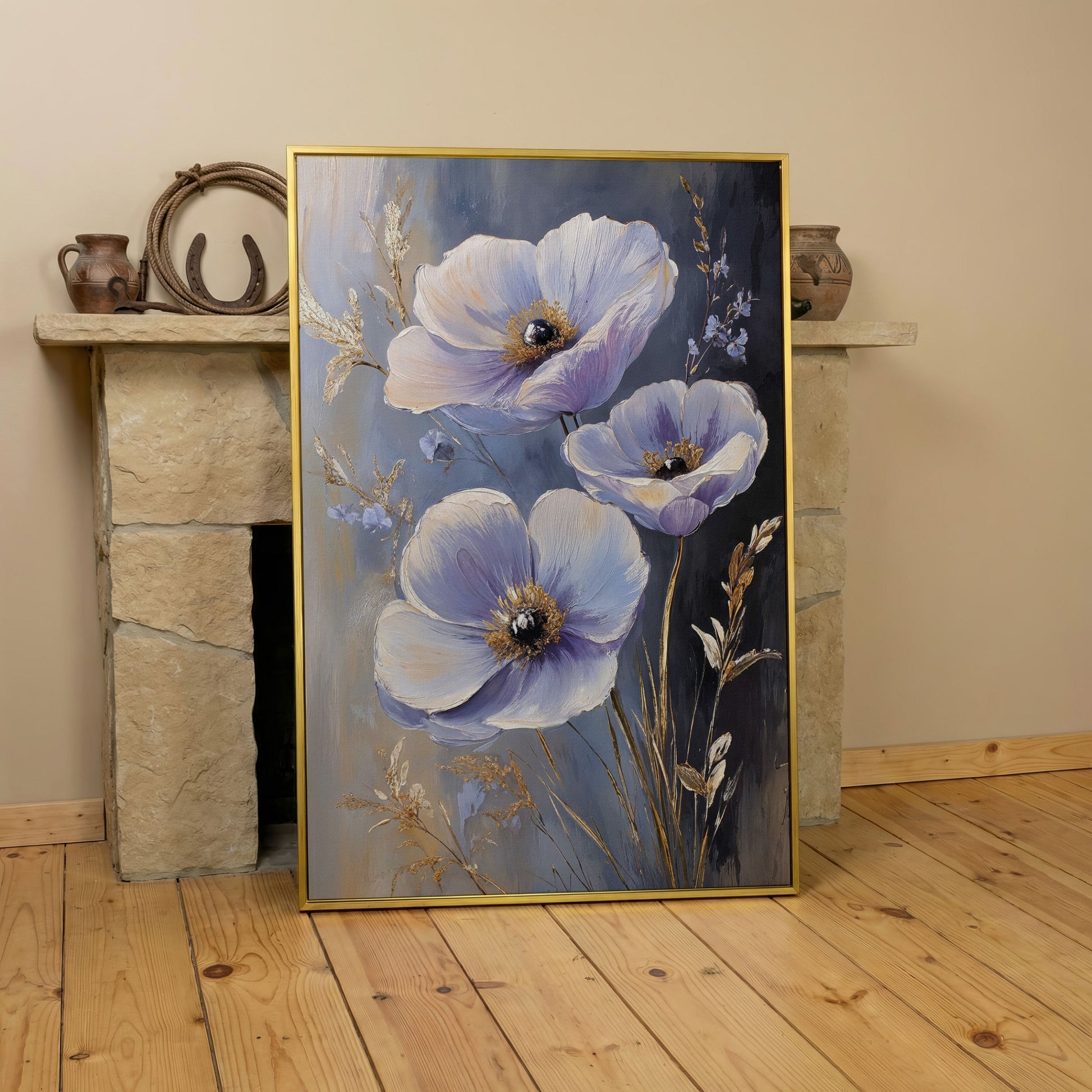 Delicate Flowers Canvas Print with Rustic Floral Art in yellow gold floating frame