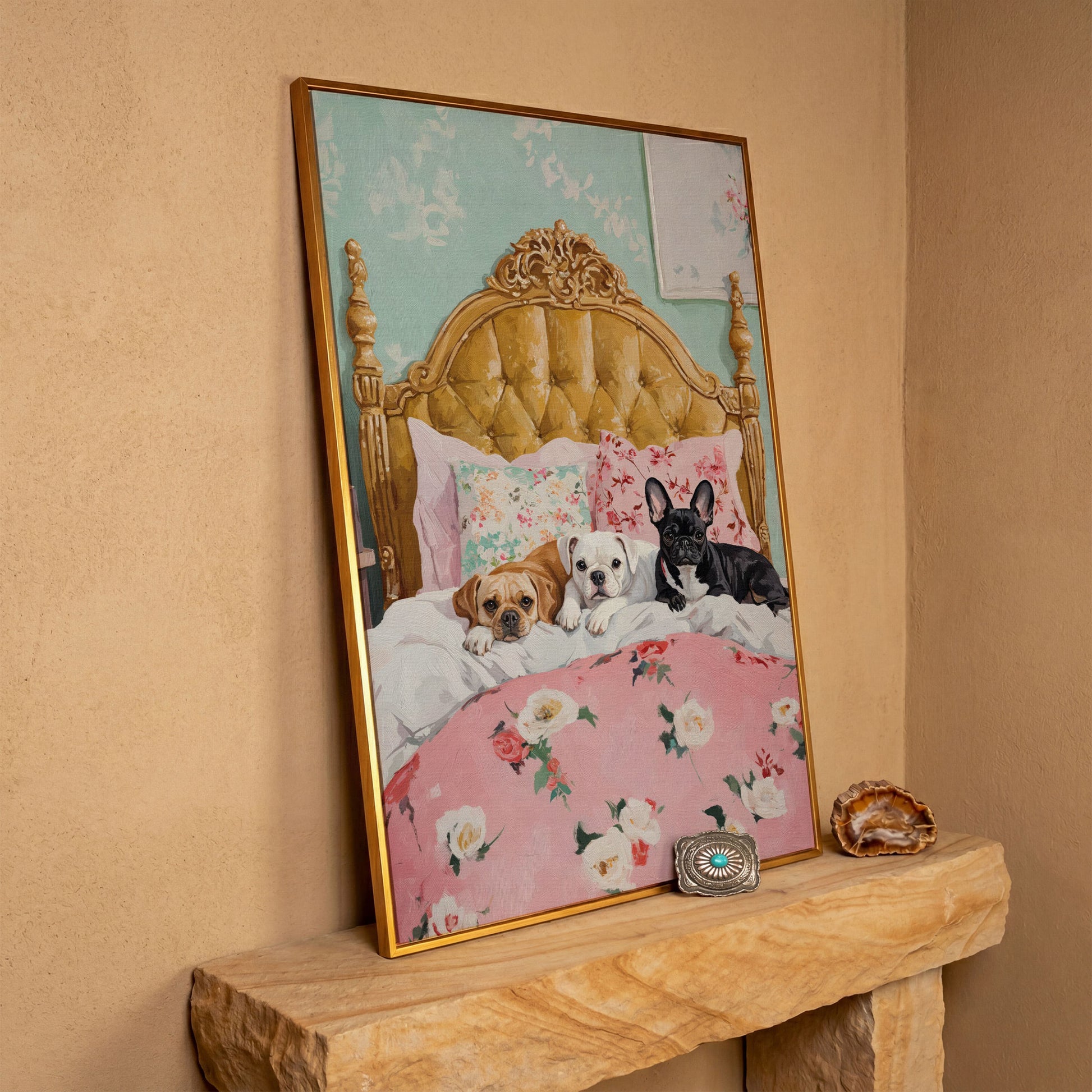Dogs on Pink Bed Canvas Print in antique gold floating frame