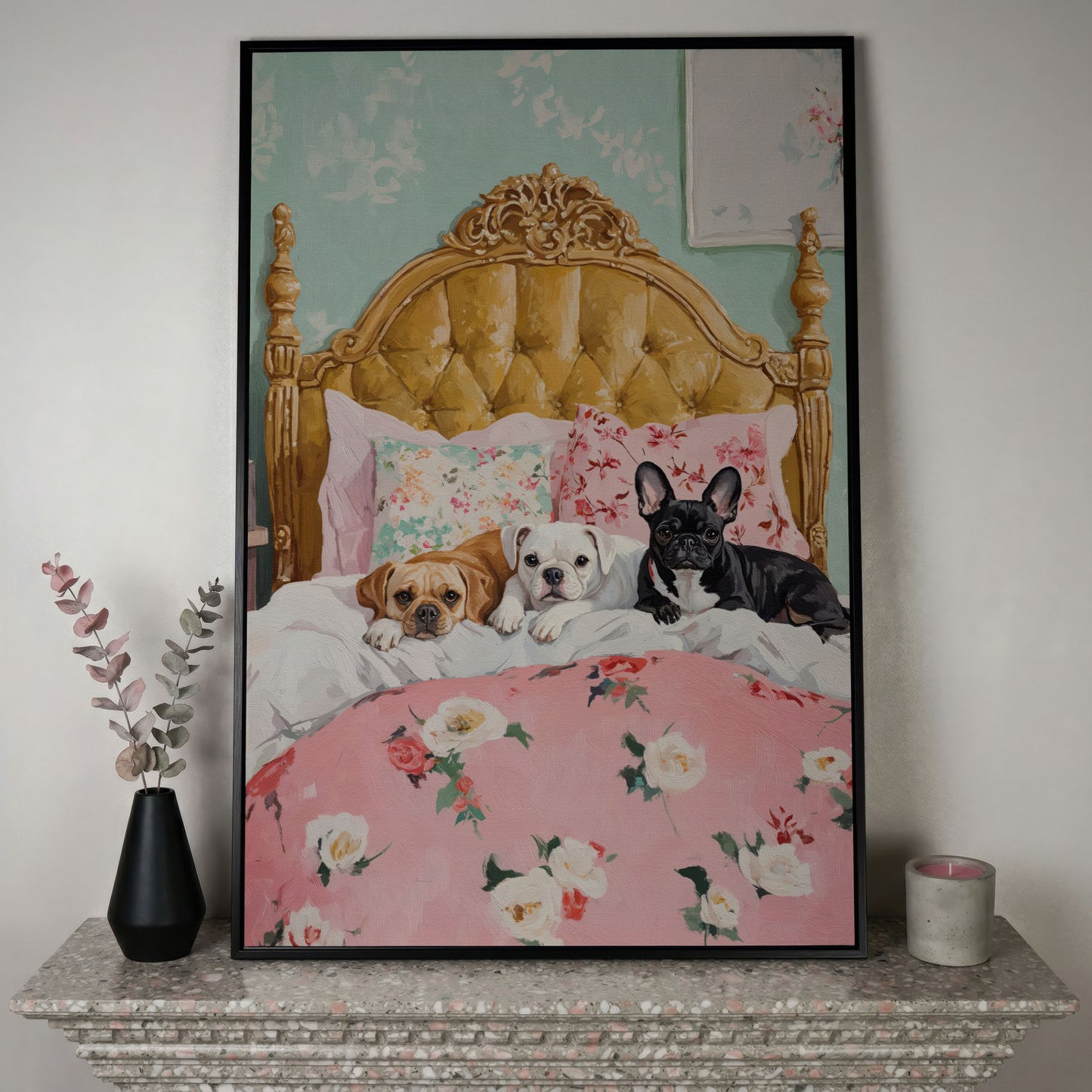 Dogs on Pink Bed Canvas Print in black floating frame