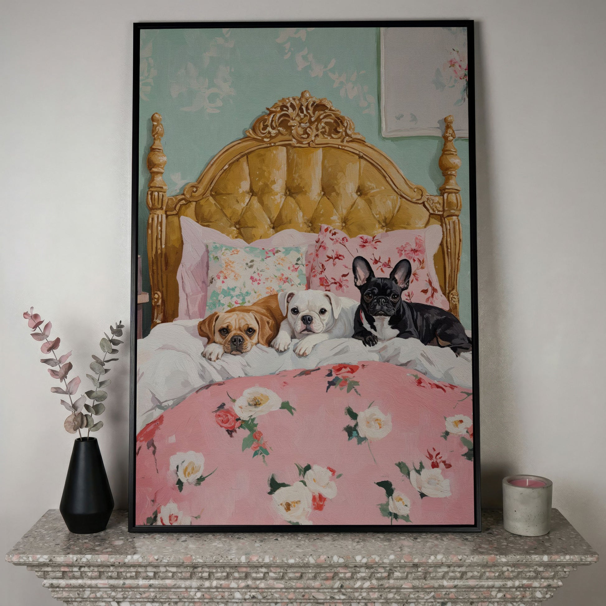Dogs on Pink Bed Canvas Print in black floating frame