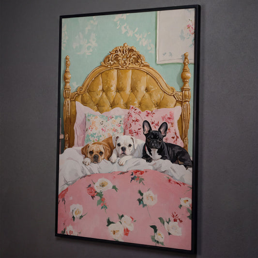 Dogs on Pink Bed Canvas Print shown in black floating frame
