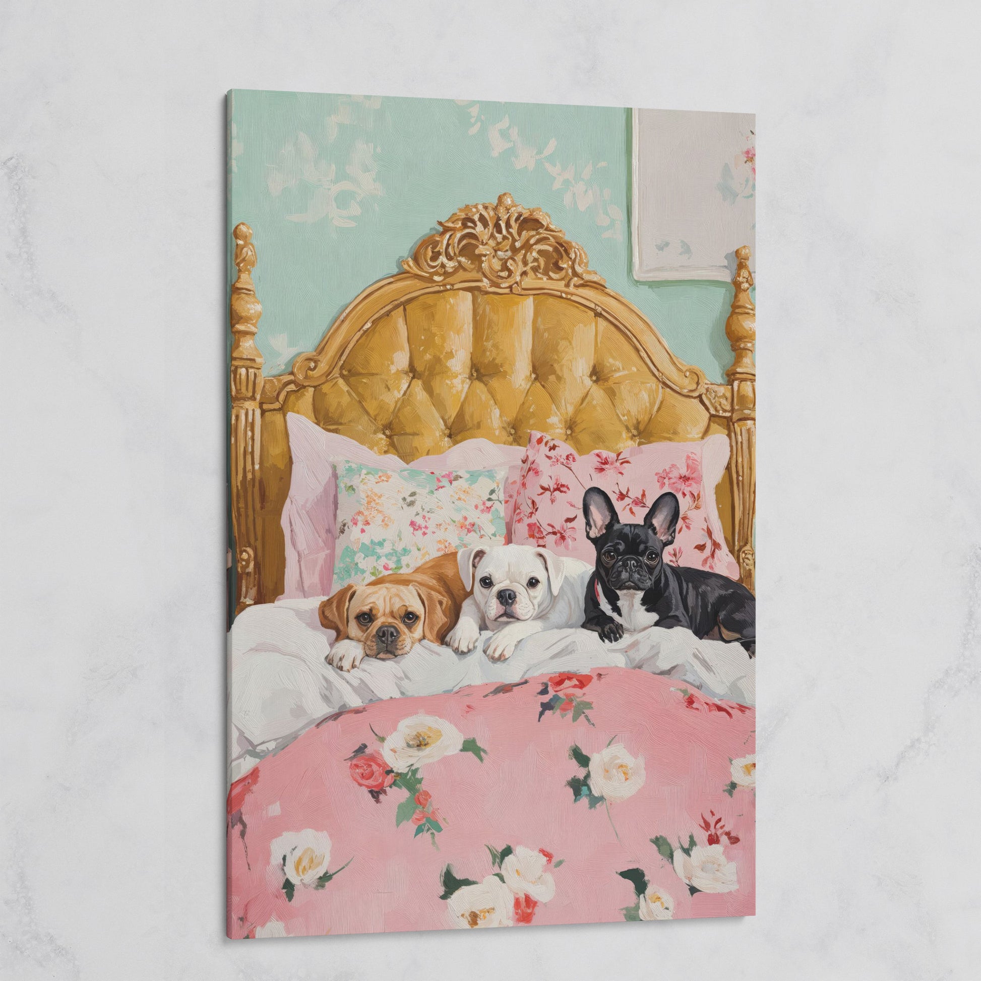 Dogs on Pink Bed Canvas Print on gallery wrap