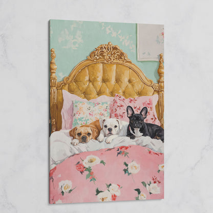 Dogs on Pink Bed Canvas Print on gallery wrap
