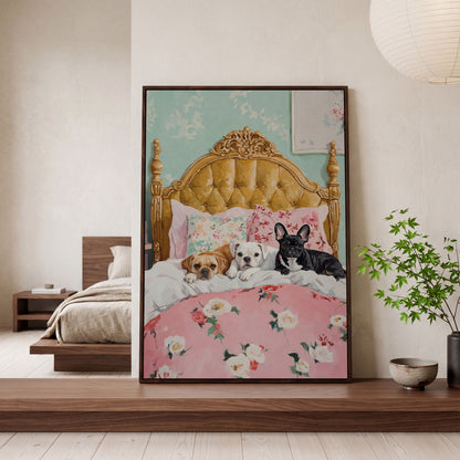 Dogs on Pink Bed Canvas Print in dark walnut floating frame