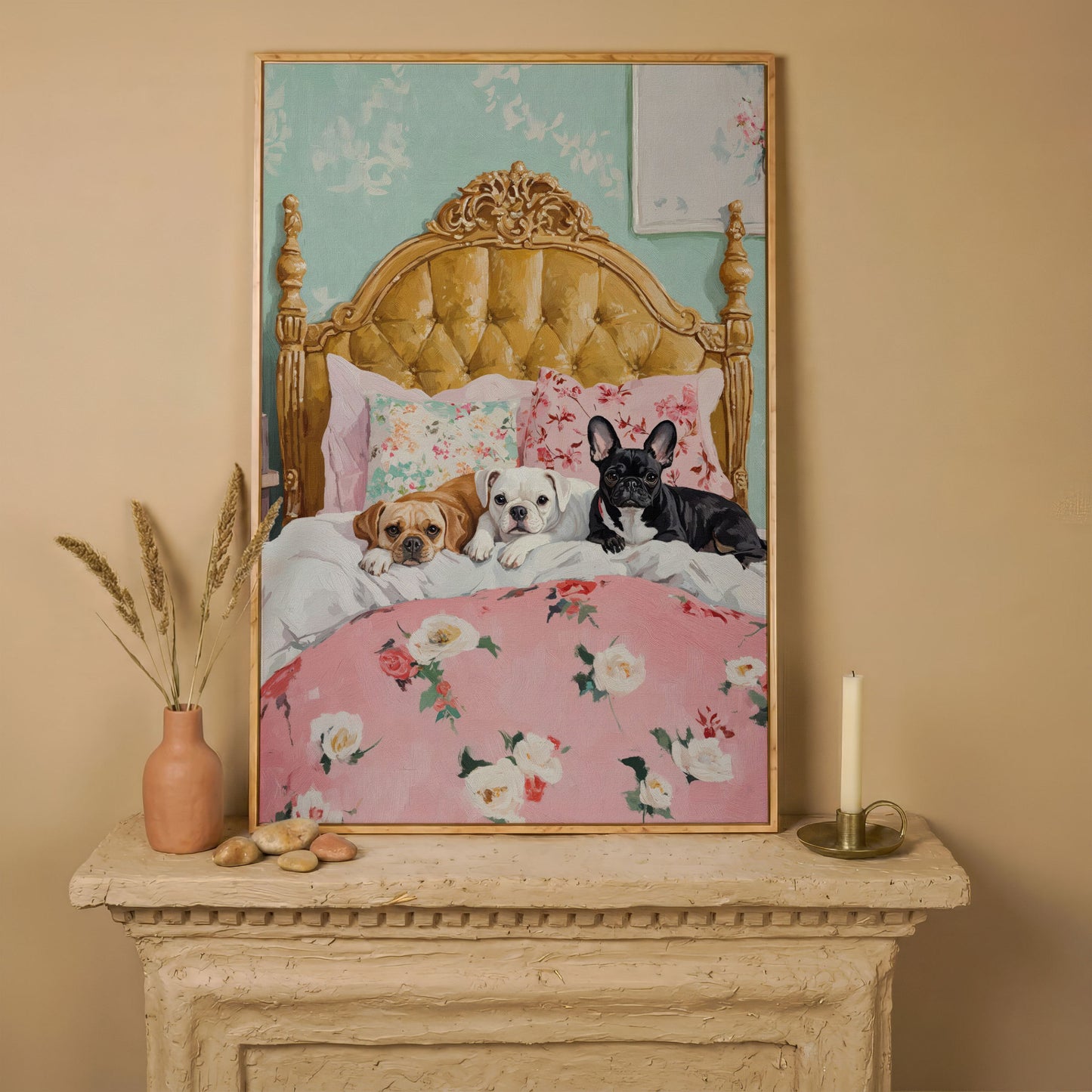 Dogs on Pink Bed Canvas Print in white oak floating frame