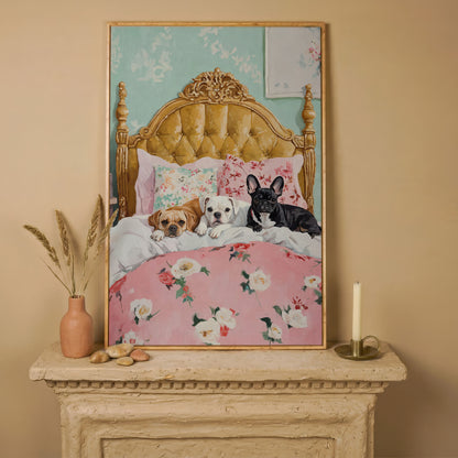 Dogs on Pink Bed Canvas Print in white oak floating frame