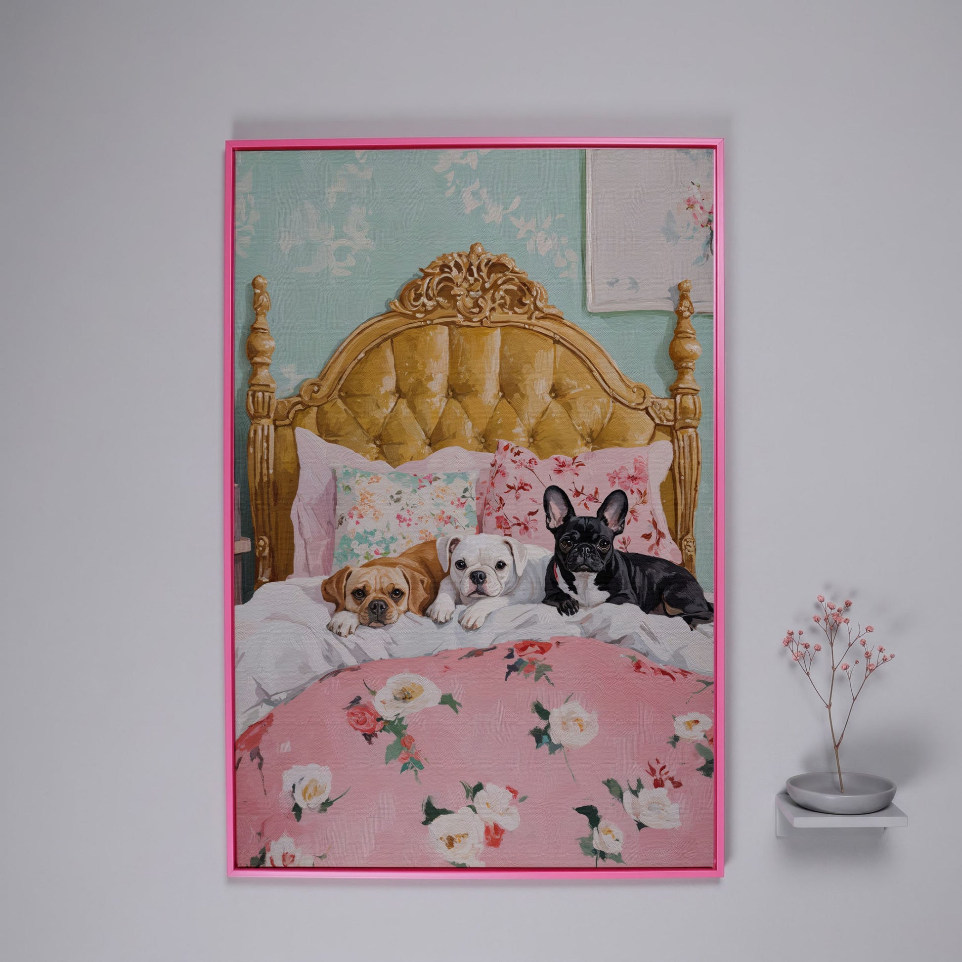 Dogs on Pink Bed Canvas Print in pink floating frame