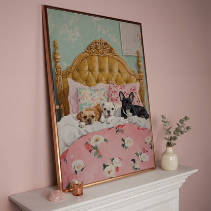 Dogs on Pink Bed Canvas Print in rose gold floating frame