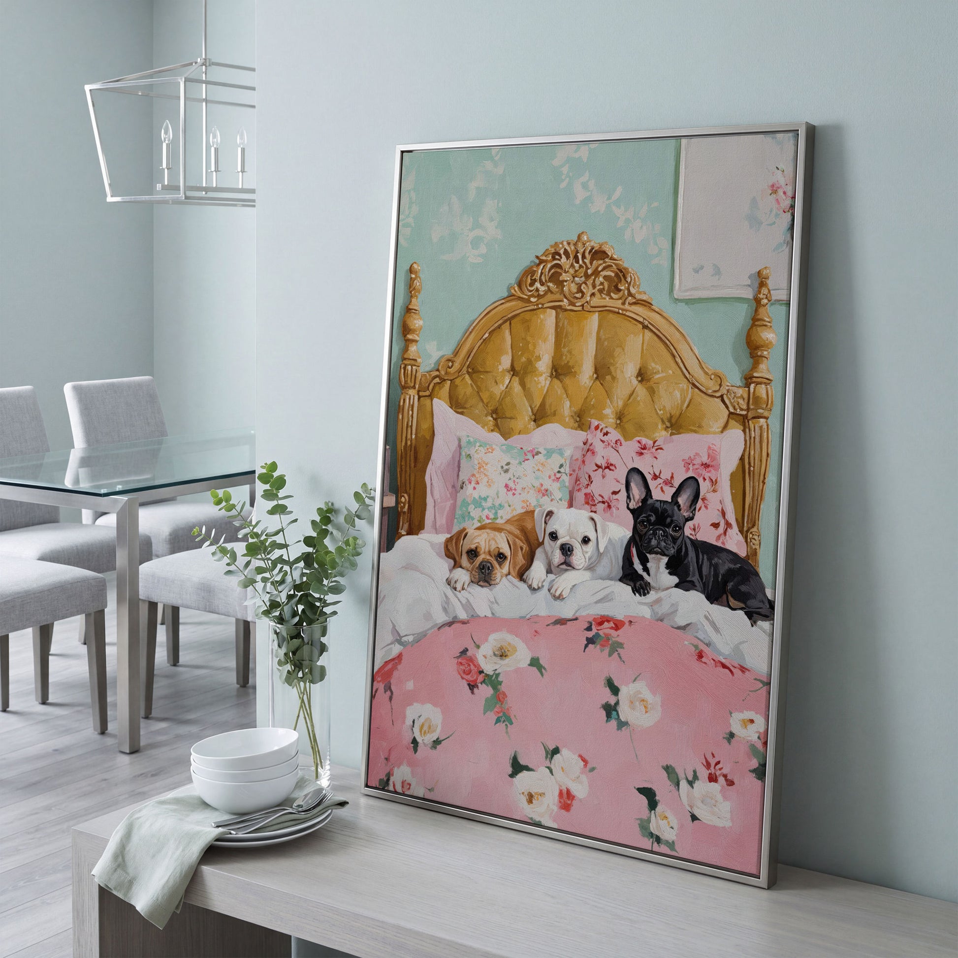 Dogs on Pink Bed Canvas Print in silver floating frame