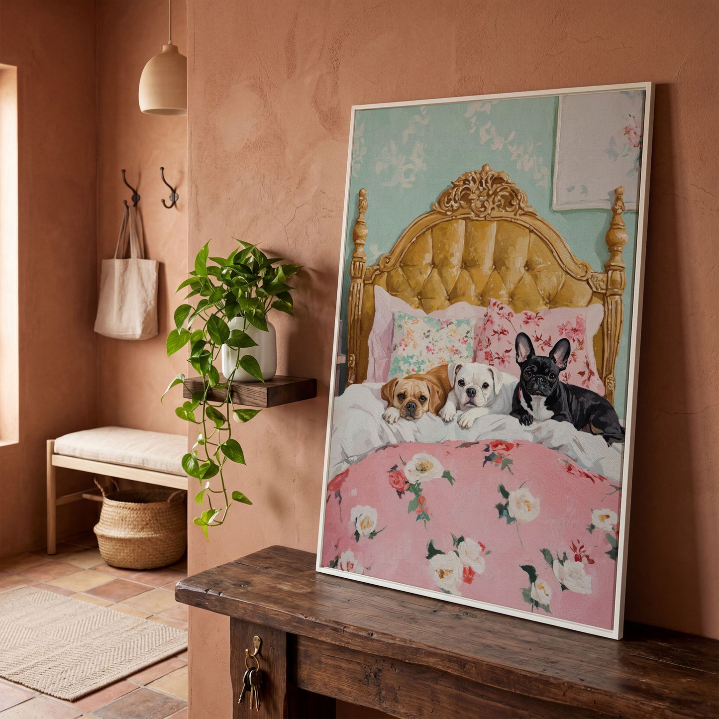 Dogs on Pink Bed Canvas Print in white floating frame