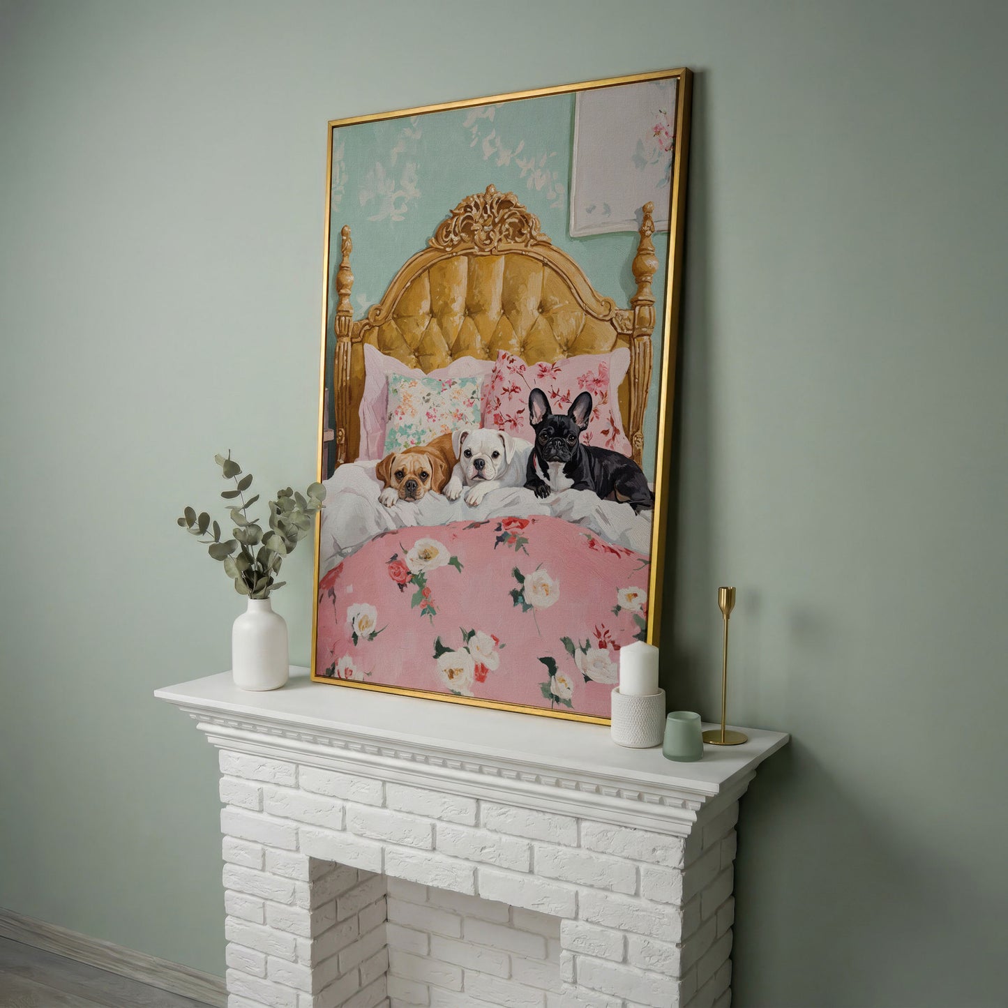 Dogs on Pink Bed Canvas Print in yellow gold floating frame