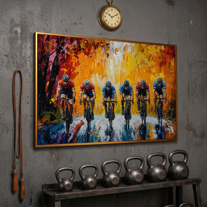 Cyclists Racing Modern Impressionism Canvas in antique gold floating frame