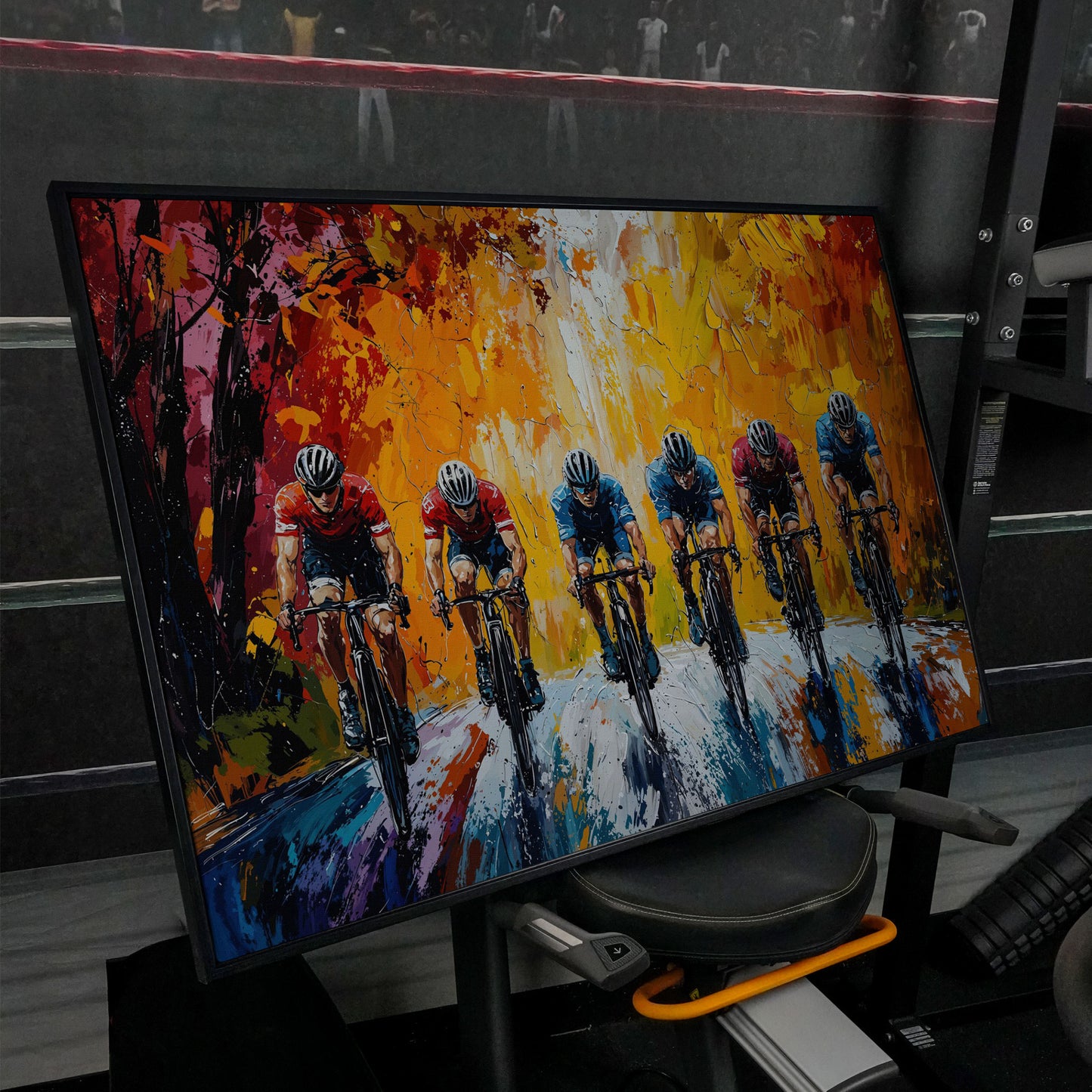 Cyclists Racing Modern Impressionism Canvas in black floating frame