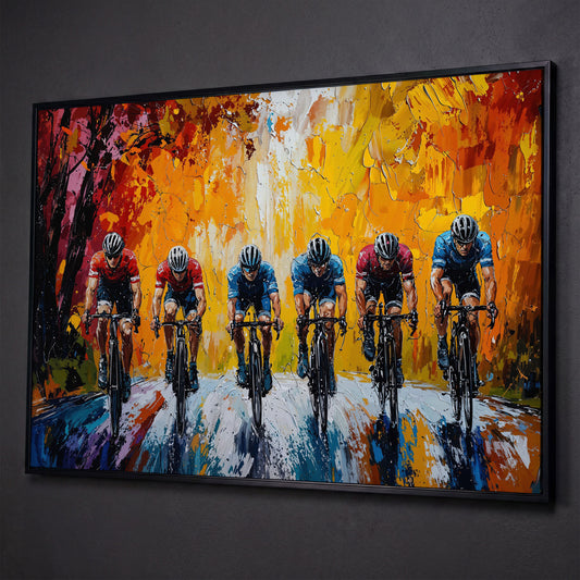 Cyclists Racing Modern Impressionism Canvas shown in black floating frame
