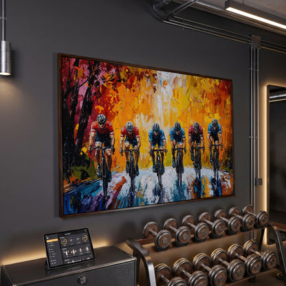 Cyclists Racing Modern Impressionism Canvas in dark walnut floating frame